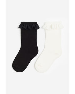2-pack Frill-trimmed Knee Socks Black/white