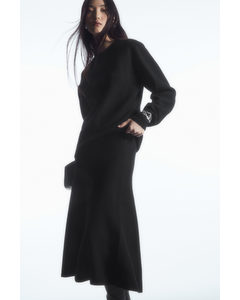 Flared Merino Wool Midi Skirt Black