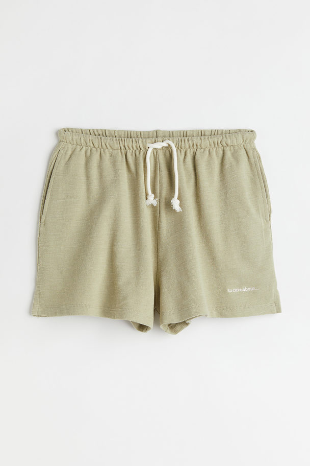 H&M Embroidery-detail Jersey Shorts Light Sage Green