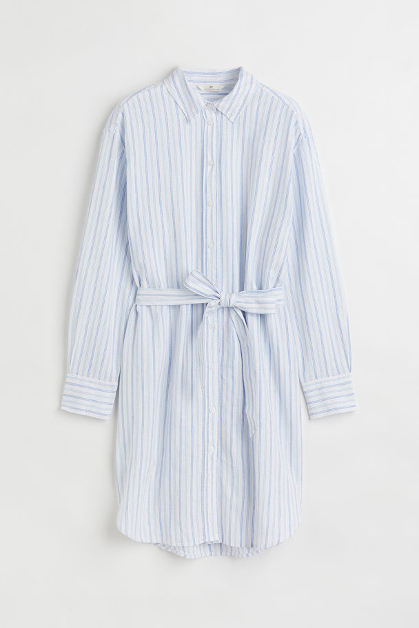 H&M Blusenkleid aus Leinenmix Weiß/Blau gestreift