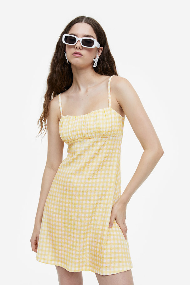 H&M Crinkled Jersey Dress Light Yellow/checked