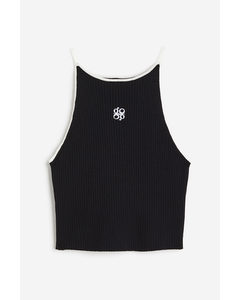 Embroidered Rib-knit Vest Top Black