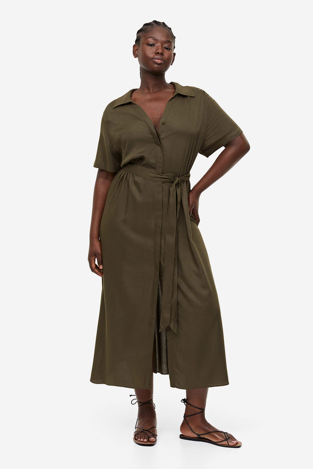 H&M Skjortekjole Med Knytebelte Mørk Kakigrønn