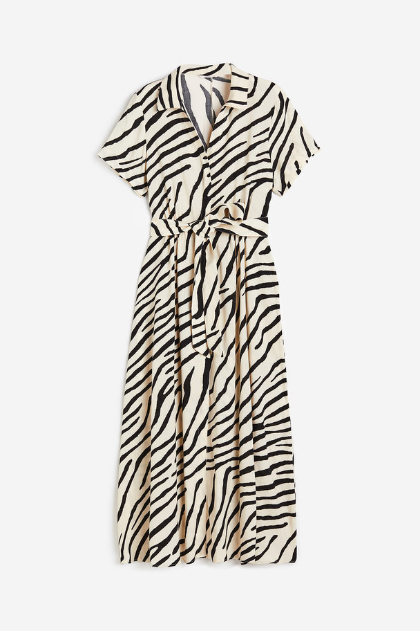 H&M Blusenkleid mit Bindegürtel Cremefarben/Zebramuster