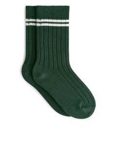 Rib Knit Socks Set Of 2 Dark Green/off White