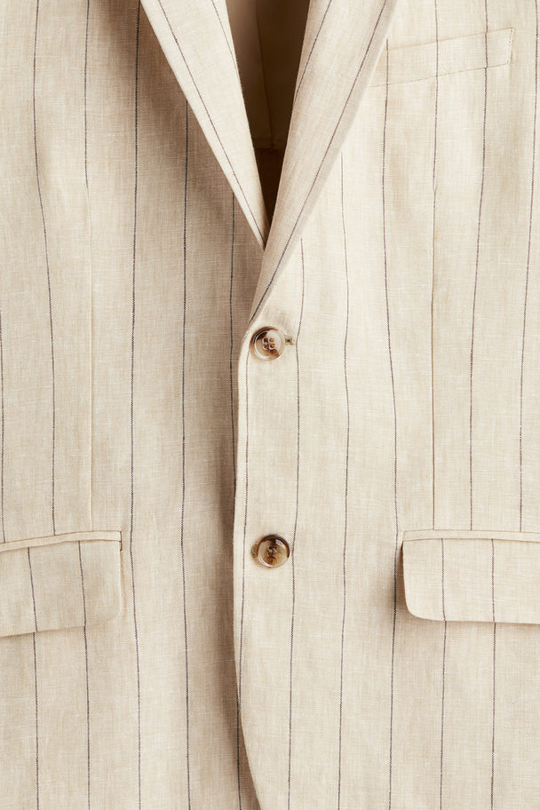 H&M Regular Fit Linen Jacket Light Beige/pinstriped