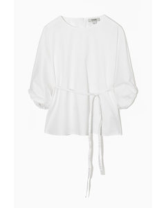 Belted Puff-sleeve Blouse White