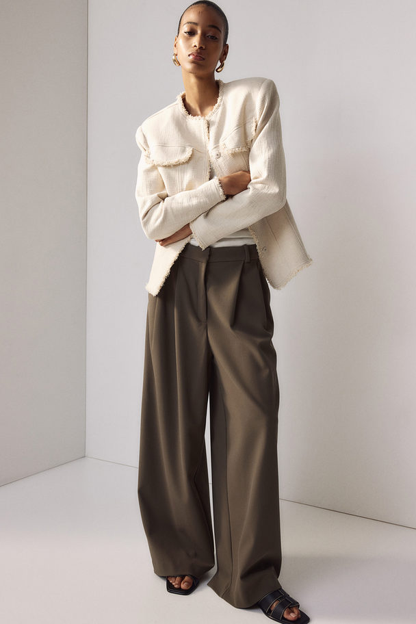 H&M Fringe-trimmed Linen-blend Jacket Light Beige