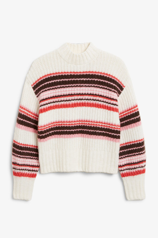 Monki White Multi Stripe Chunky Knit Sweater Red, Pink & Brown Stripe