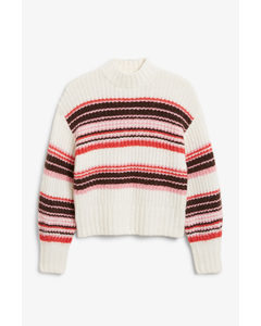 White Multi Stripe Chunky Knit Sweater Red, Pink & Brown Stripe