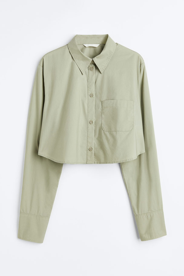 H&M Cropped Cotton Shirt Light Khaki Green