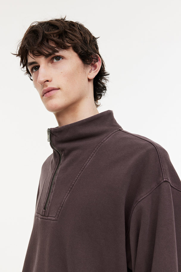 H&M Sweatshirt Med Lynlås Foroven Loose Fit Mørkebrun