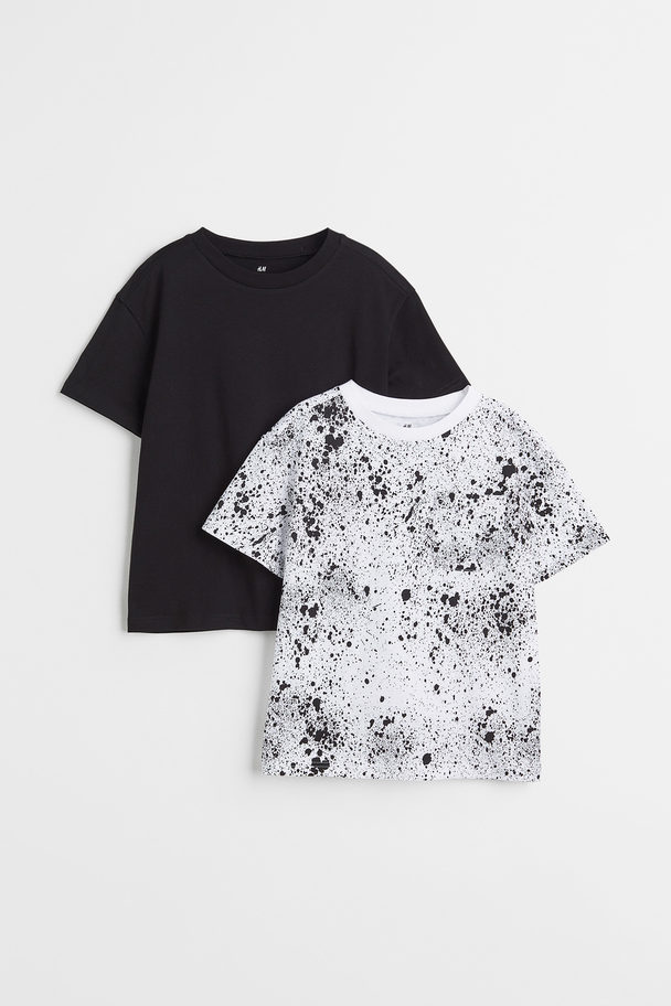 H&M Set Van 2 Katoenen T-shirts Zwart/wit Dessin