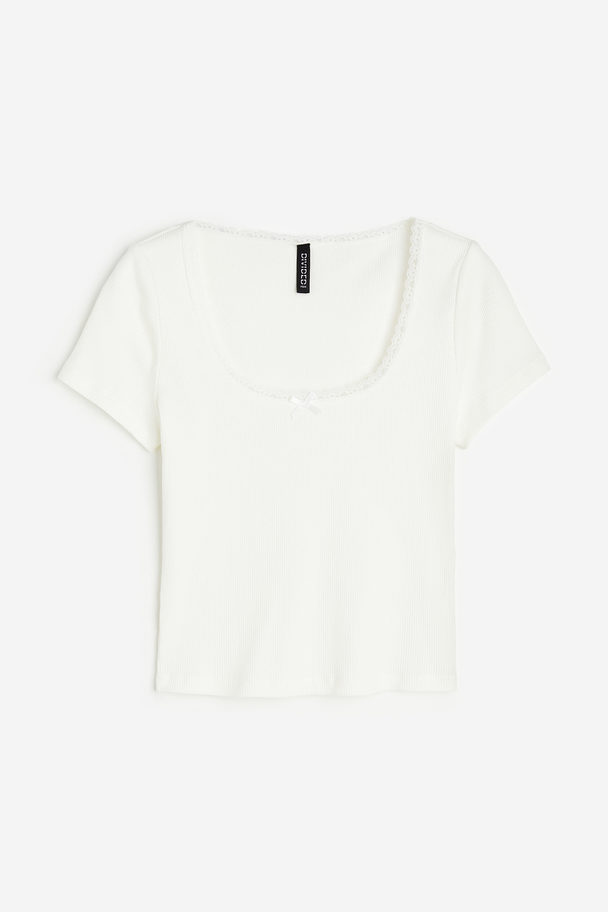 H&M Baumwollshirt mit Spitzenbesatz Weiß