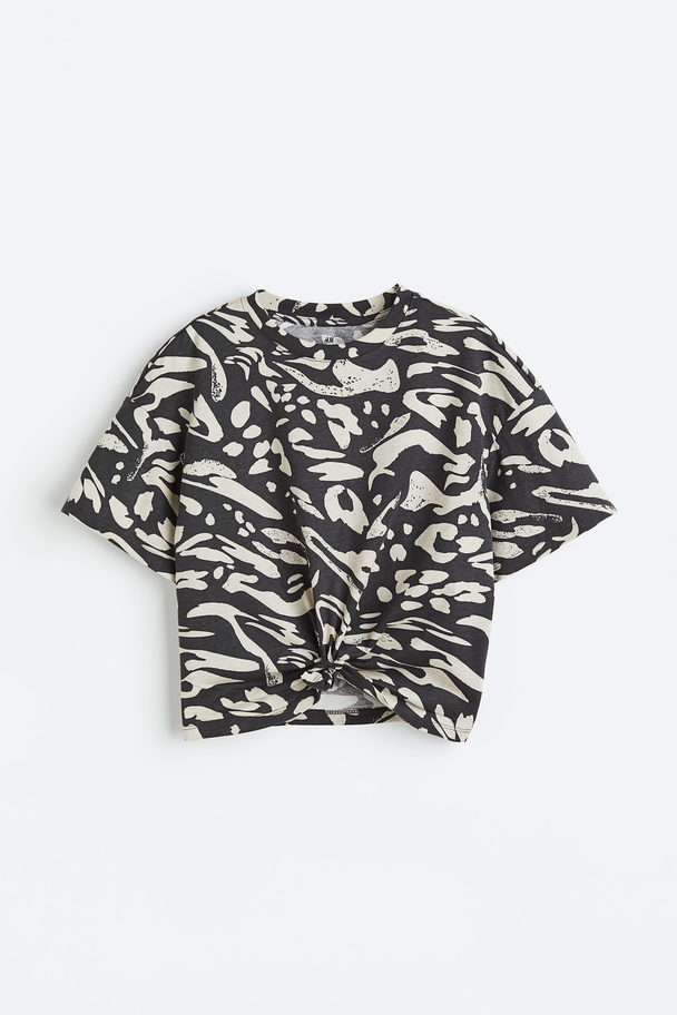 H&M Tie-hem T-shirt Dark Grey/patterned