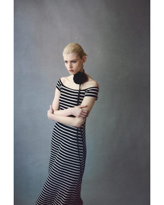 Rib-knit Off-the-shoulder Dress Black/striped