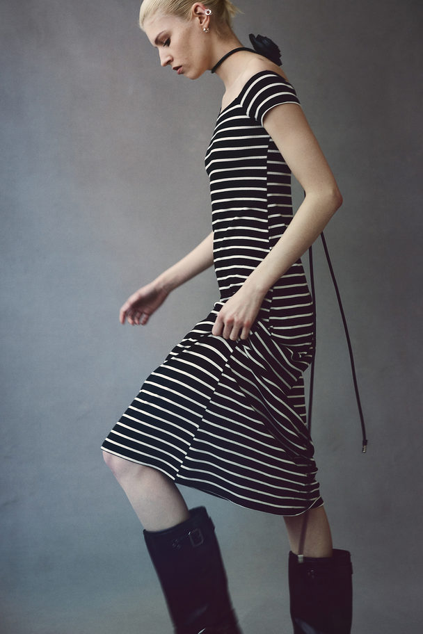 H&M Rib-knit Off-the-shoulder Dress Black/striped