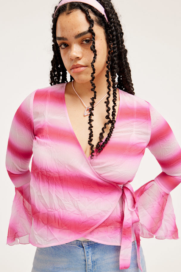 Monki Sheer Wrap Blouse Red & Pink Faded Stripes