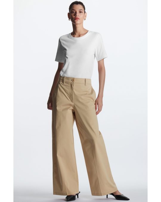 COS Wide-leg Cotton Trousers Light Beige