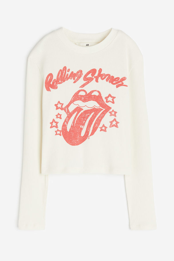 H&M Ribbed Jersey Top White/the Rolling Stones