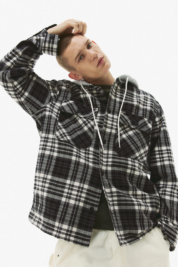 H&M Relaxed Fit Hooded Overshirt Dark Grey/checked