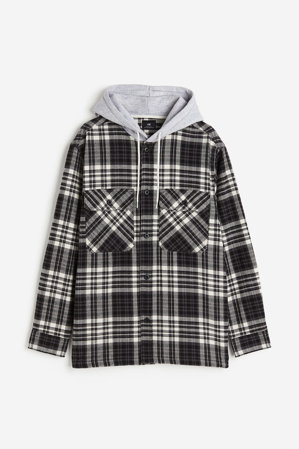 H&M Relaxed Fit Hooded Overshirt Dark Grey/checked