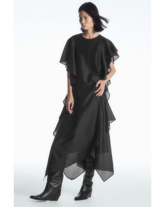 Ruffled Asymmetric Midi Dress Black