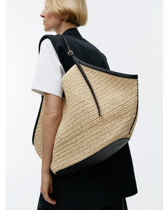 Leather-detailed Straw Bag Beige