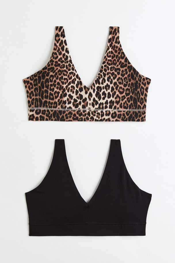 H&M 2-pack Non-padded Jersey Bra Tops Black/leopard Print