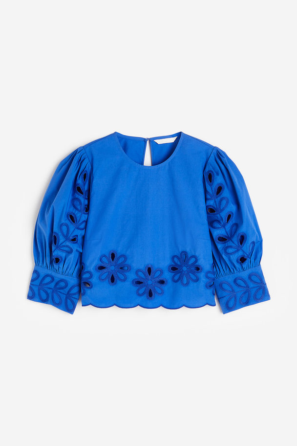 H&M Puff-sleeved Embroidered Blouse Bright Blue