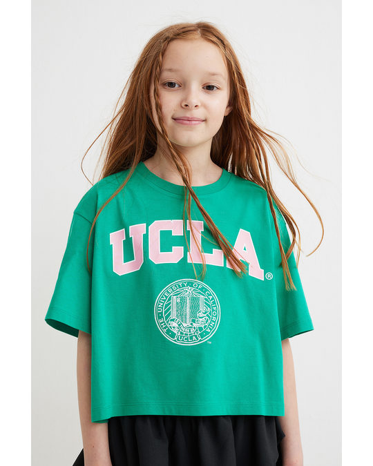 H&M Cropped Printed Jersey Top Green/ucla