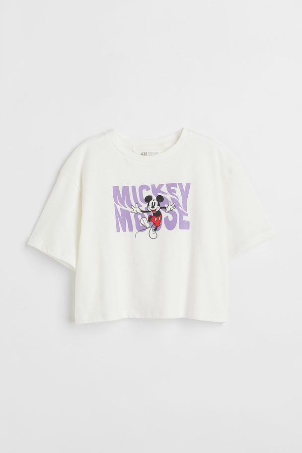 H&M Cropped Jerseyshirt mit Print Weiß/Micky Maus