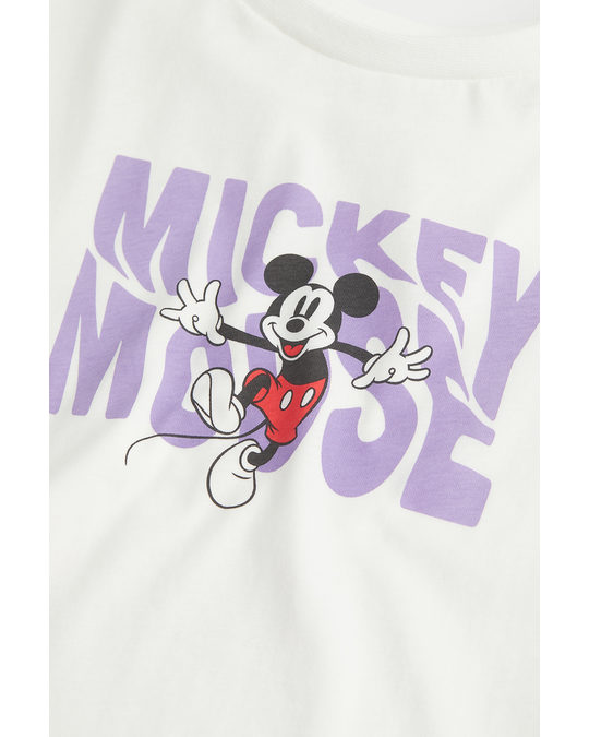 H&M Cropped Printed Jersey Top White/mickey Mouse