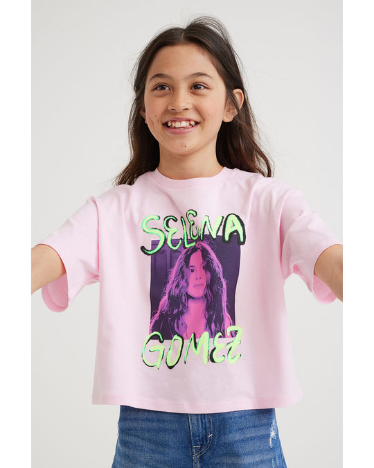 H&M Cropped Printed Jersey Top Light Pink/selena Gomez