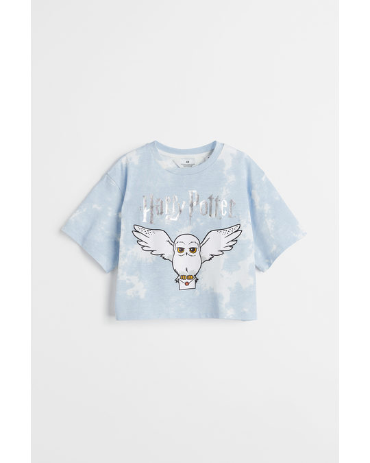 H&M Cropped Printed Jersey Top Light Blue/harry Potter