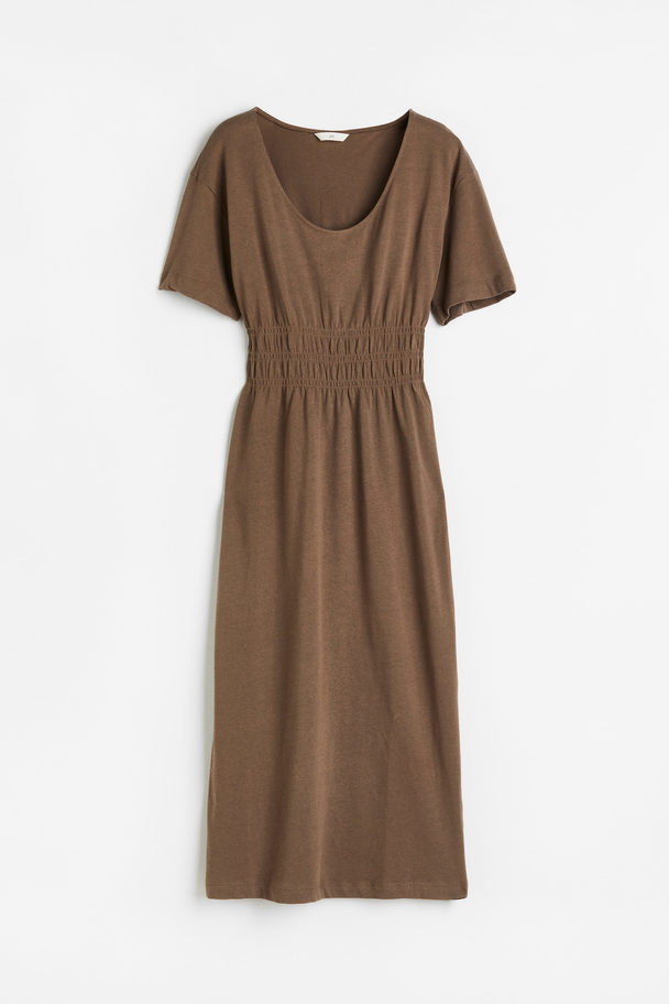 H&M Smocked-waist Jersey Dress Brown