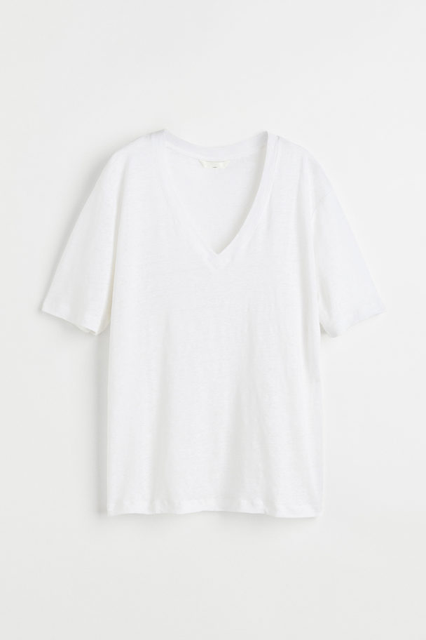 H&M T-Shirt mit V-Neck aus Leinenjersey Weiß