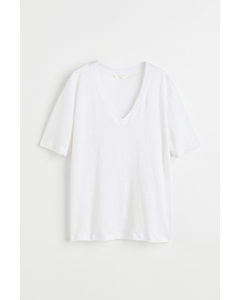 T-Shirt mit V-Neck aus Leinenjersey Weiß