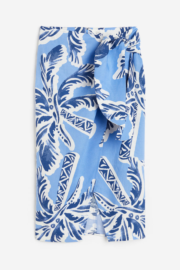 H&M Linen-blend Wrapover Skirt Light Blue/palm Trees