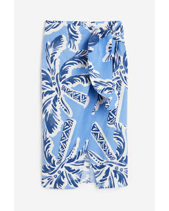 Linen-blend Wrapover Skirt Light Blue/palm Trees