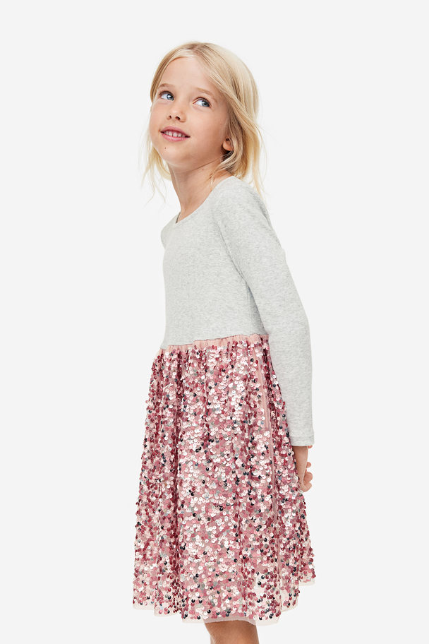 H&M Paljettbroderad Trikåklänning Ljusgrå/rosa