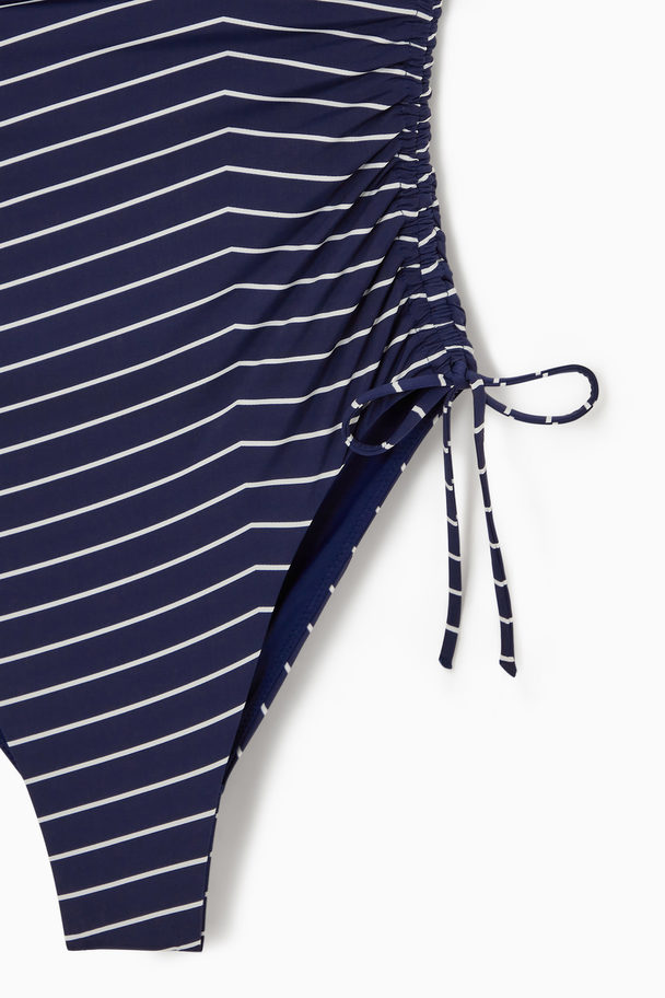COS Ruched Bandeau Swimsuit Navy / Striped