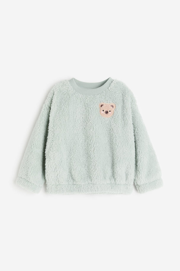 H&M Sweatshirt I Pile Ljusgrön/nallebjörnar