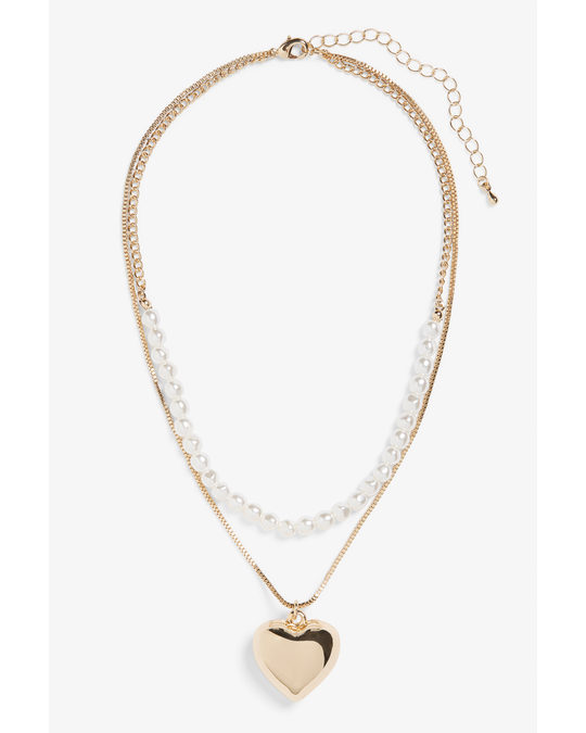 Monki Layered Heart + Faux Pearls Necklace Gold And Faux Pearls