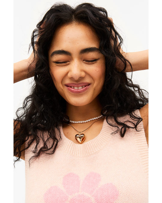 Monki Layered Heart + Faux Pearls Necklace Gold And Faux Pearls