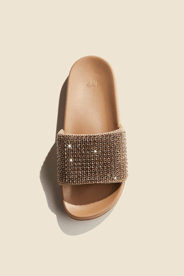 H&M Rhinestone-embellished Pool Slides Dark Beige