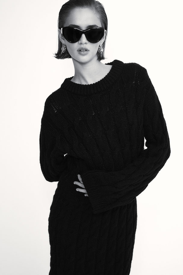 H&M Kabelgebreide Midi-jurk Zwart