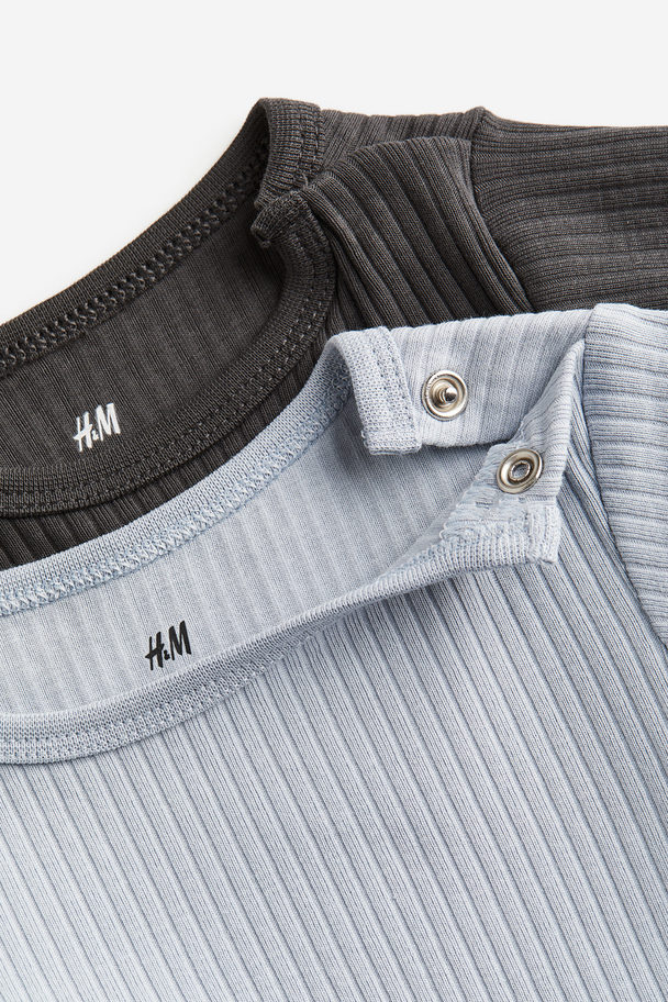 H&M 2-pak Ribbet Top I Jersey Mørkegrå/lyseblå