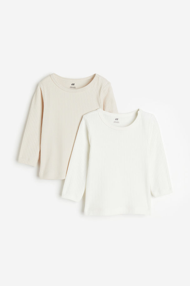 H&M Set Van 2 Geribde Tricot Shirts Lichtbeige/wit