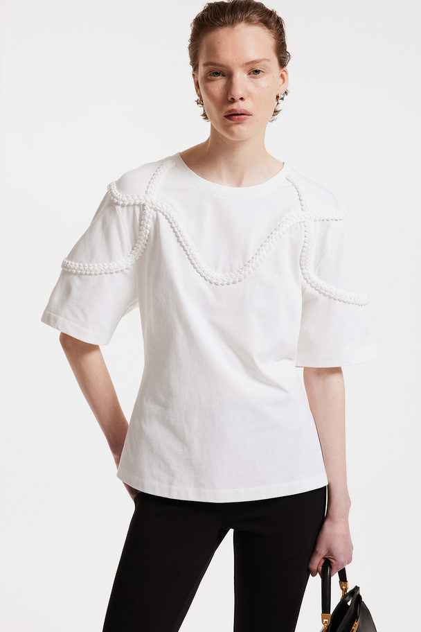 H&M T-Shirt mit geflochtenen Besätzen Weiß